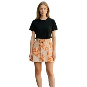 SANDRO SZ 8 beige/orange/white linen blend belted palm print A line mini skirt